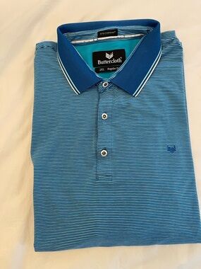 Buttercloth Men’s Blue and White Striped Polo Shirt in Icy Cotton Size 2XL